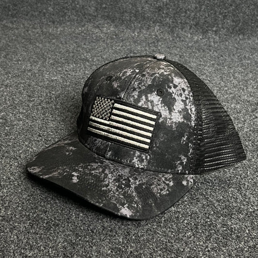 Black & Grey Camo Mesh Trucker Cap – American Flag Patch