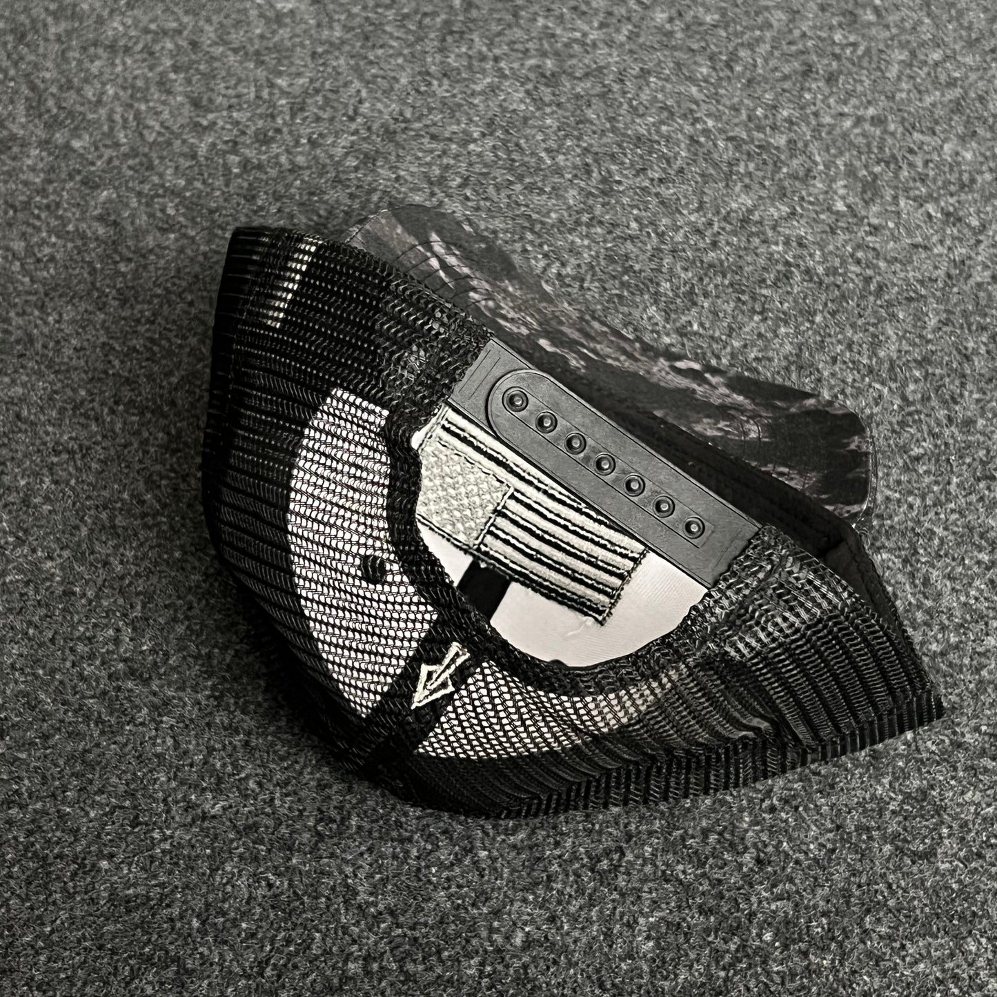 Black & Grey Camo Mesh Trucker Cap – American Flag Patch