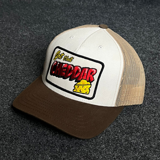 Brown & Beige Mesh Trucker Cap – “Get the Cheddar” Patch