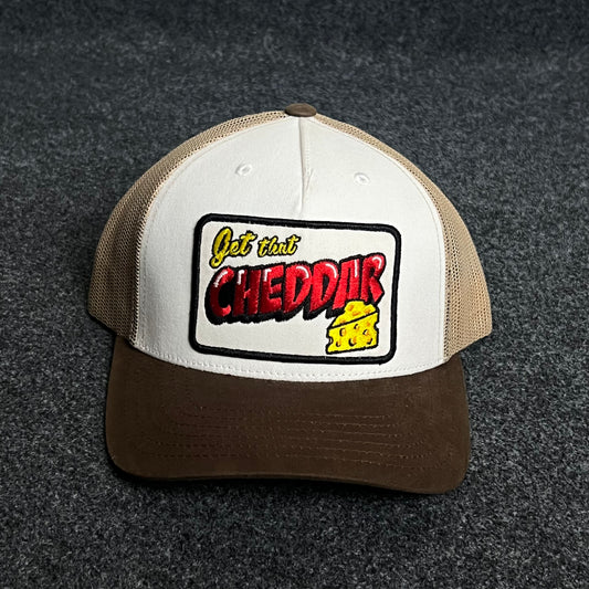 Brown & Beige Mesh Trucker Cap – “Get the Cheddar” Patch