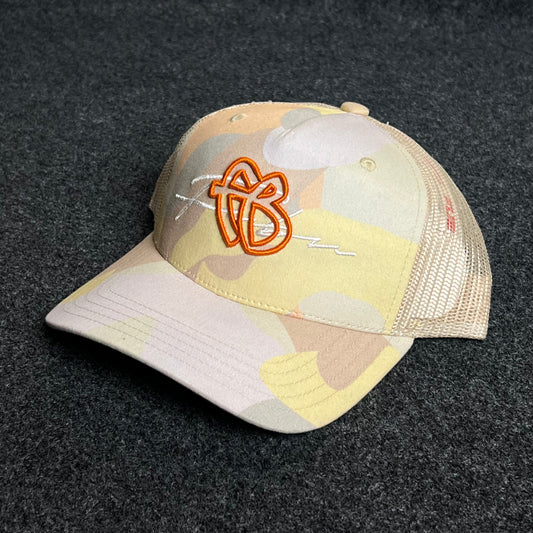 Beige Camo Mesh Trucker Cap – Orange Embroidered Logo