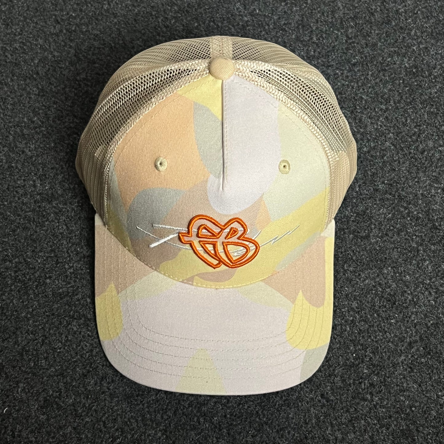Beige Camo Mesh Trucker Cap – Orange Embroidered Logo