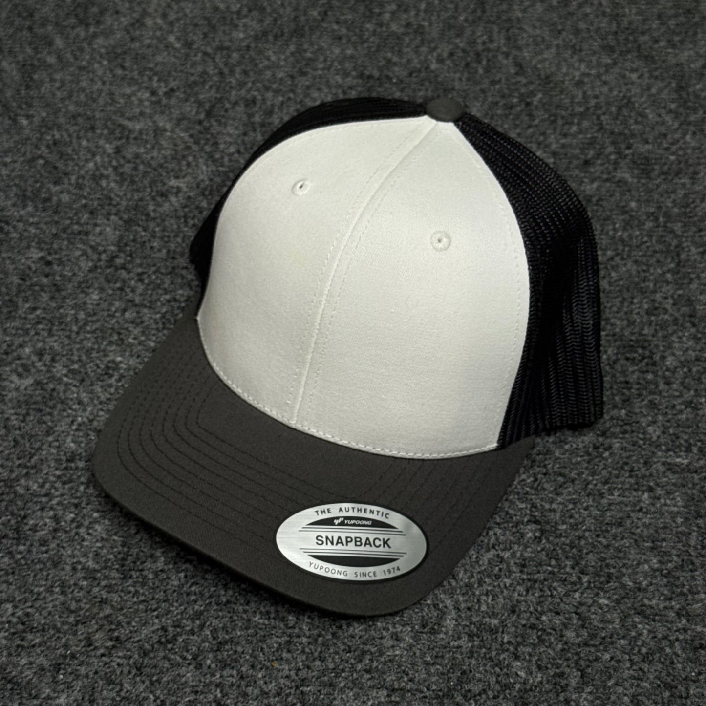 White and Charcoal Gray Mesh Trucker Cap