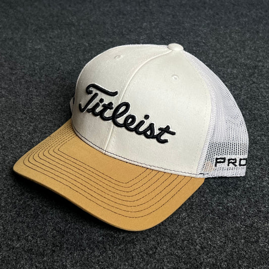 Titleist Mesh Trucker Cap – White & Tan Golf Edition
