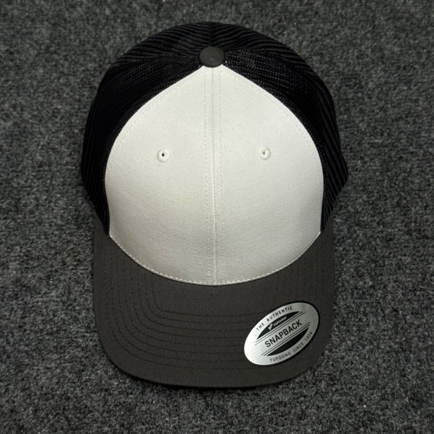 White and Charcoal Gray Mesh Trucker Cap