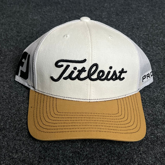 Titleist Mesh Trucker Cap – White & Tan Golf Edition