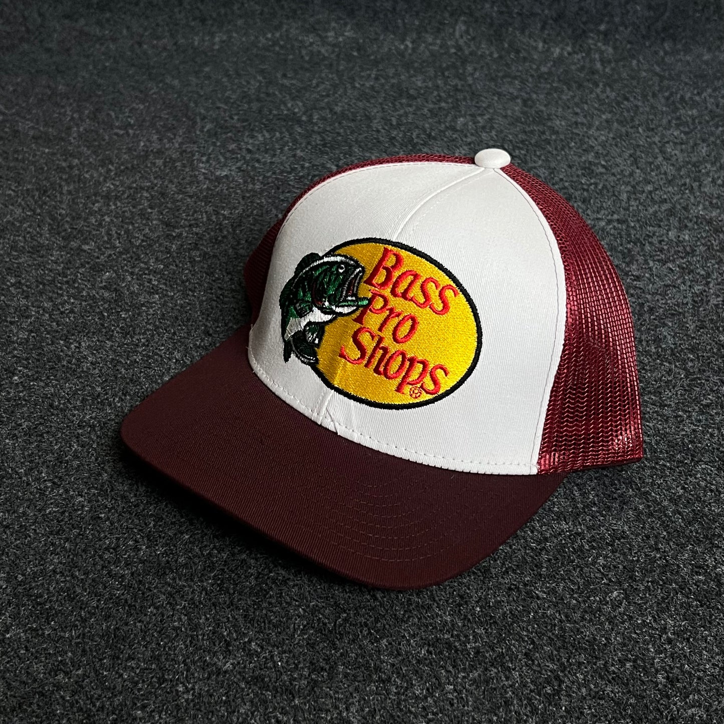 Bass Pro Shops Mesh Trucker Cap – Burgundy & White Edition