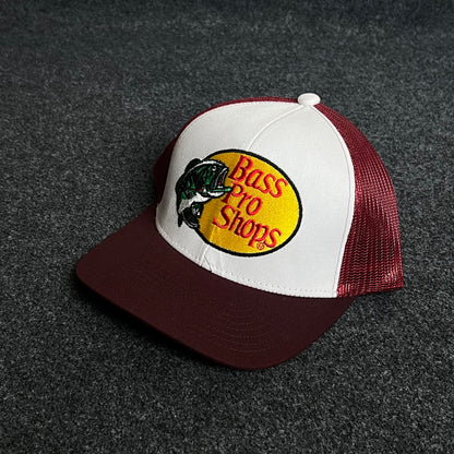 Bass Pro Shops Mesh Trucker Cap – Burgundy & White Edition