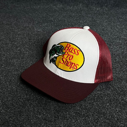 Bass Pro Shops Mesh Trucker Cap – Burgundy & White Edition