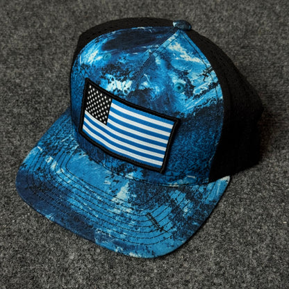 Blue Tropical US Flag Mesh Trucker Cap