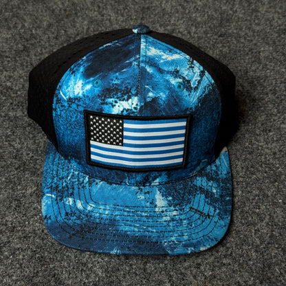Blue Tropical US Flag Mesh Trucker Cap