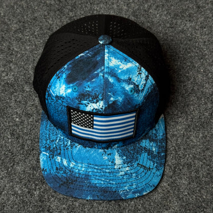 Blue Tropical US Flag Mesh Trucker Cap