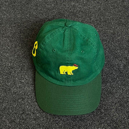 Unstructured Dad Cap – Forest Green with Yellow Bear (Red Accent)
