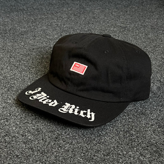 Unstructured Dad Cap – Black with Red Patch & White Gothic Brim Script