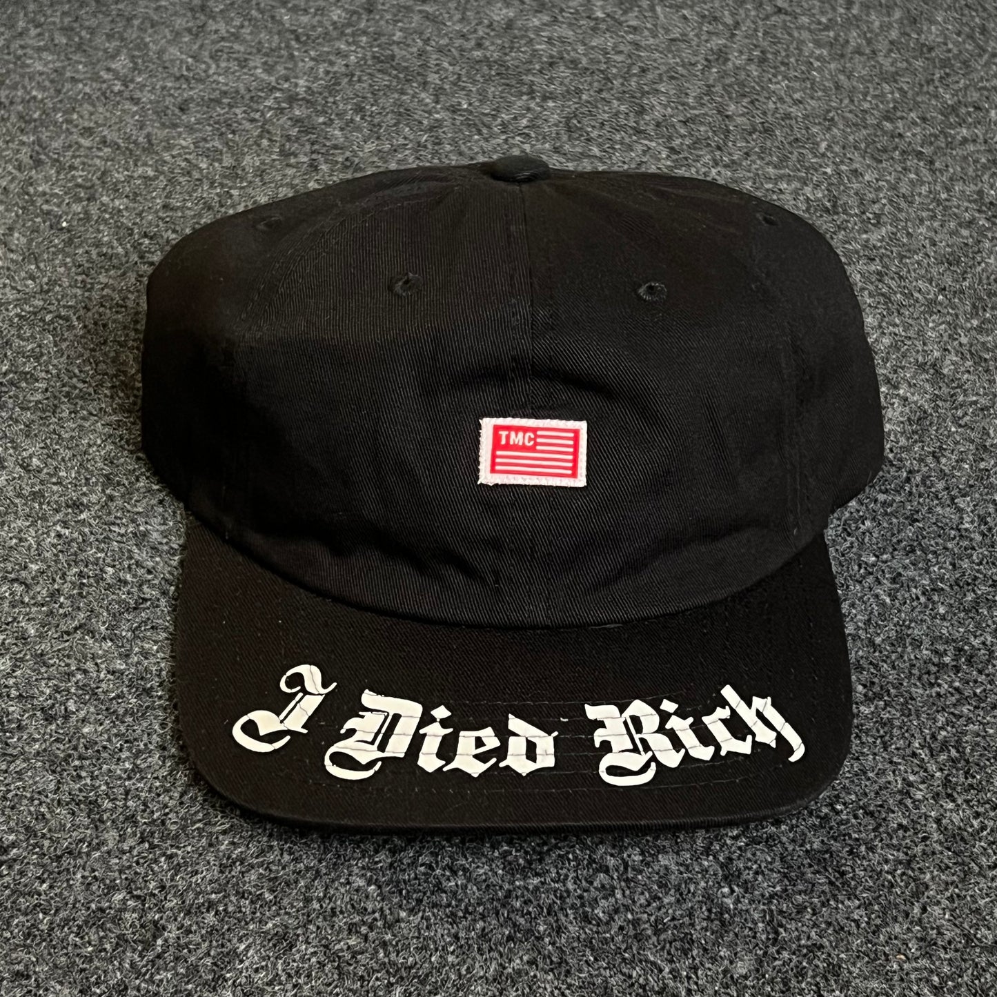 Unstructured Dad Cap – Black with Red Patch & White Gothic Brim Script