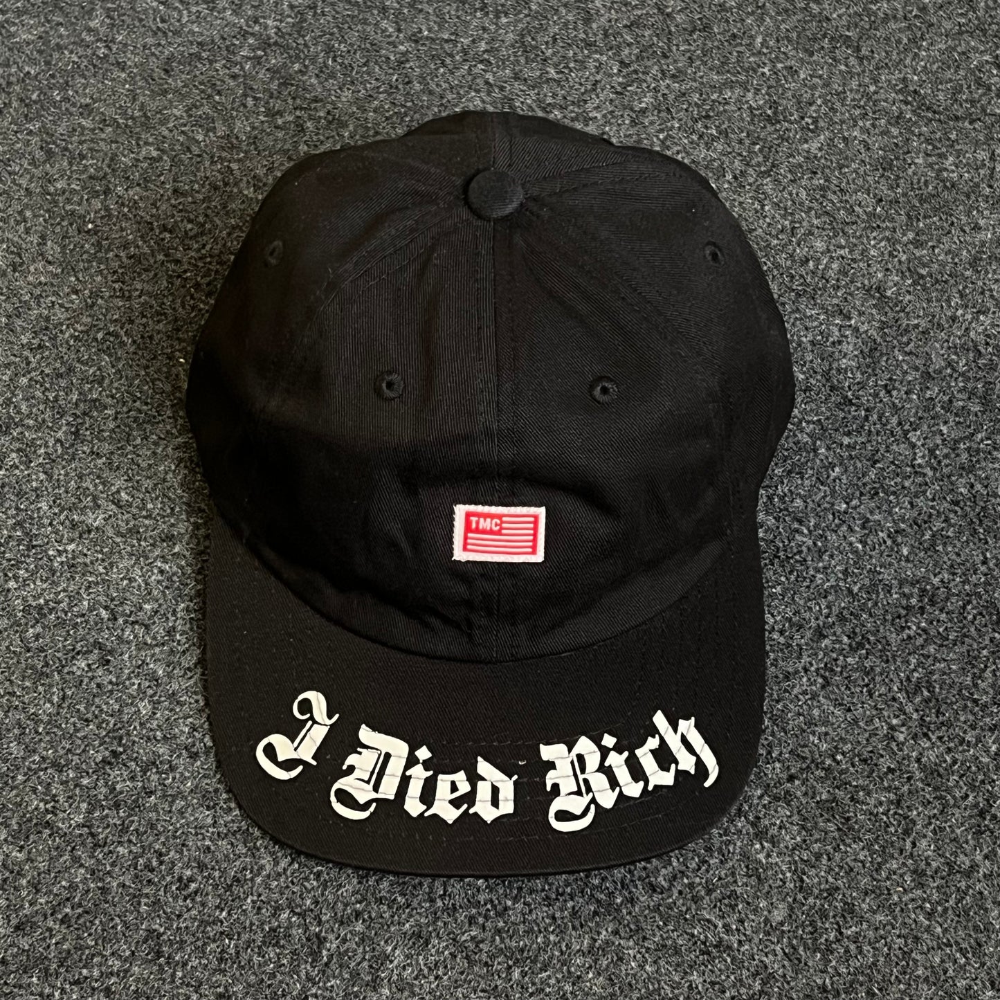 Unstructured Dad Cap – Black with Red Patch & White Gothic Brim Script