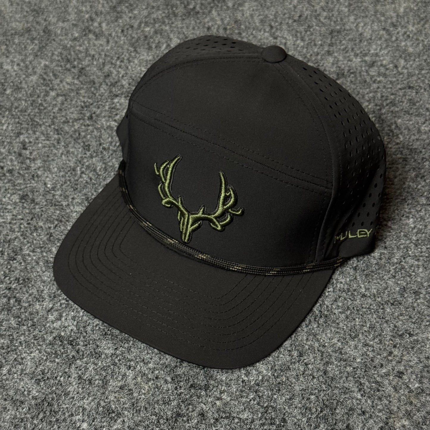 Muley Freak PRO Logo Rope Flatty Cap (in the Black/Green colorway)