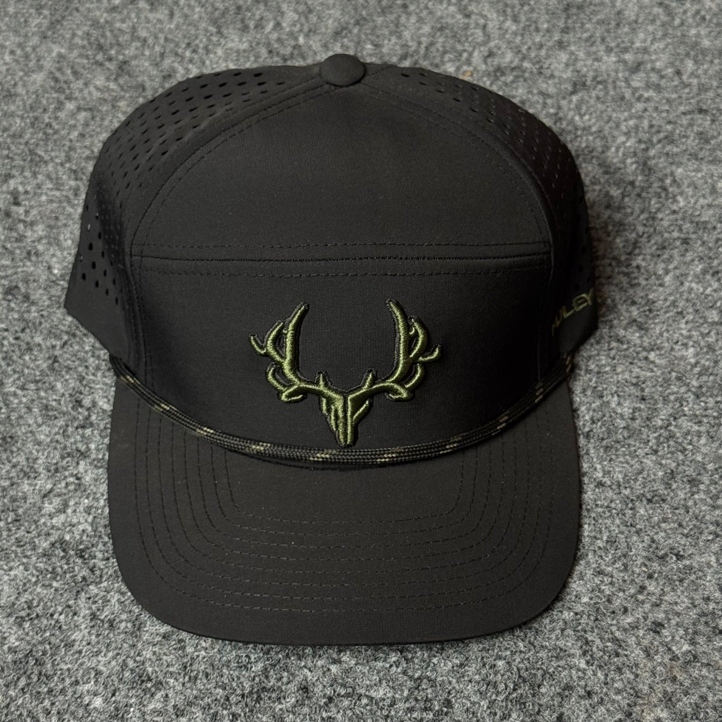 Muley Freak PRO Logo Rope Flatty Cap (in the Black/Green colorway)