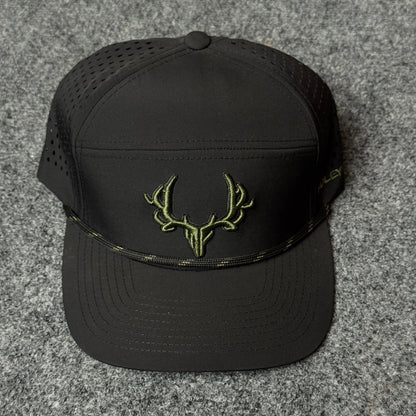 Muley Freak PRO Logo Rope Flatty Cap (in the Black/Green colorway)