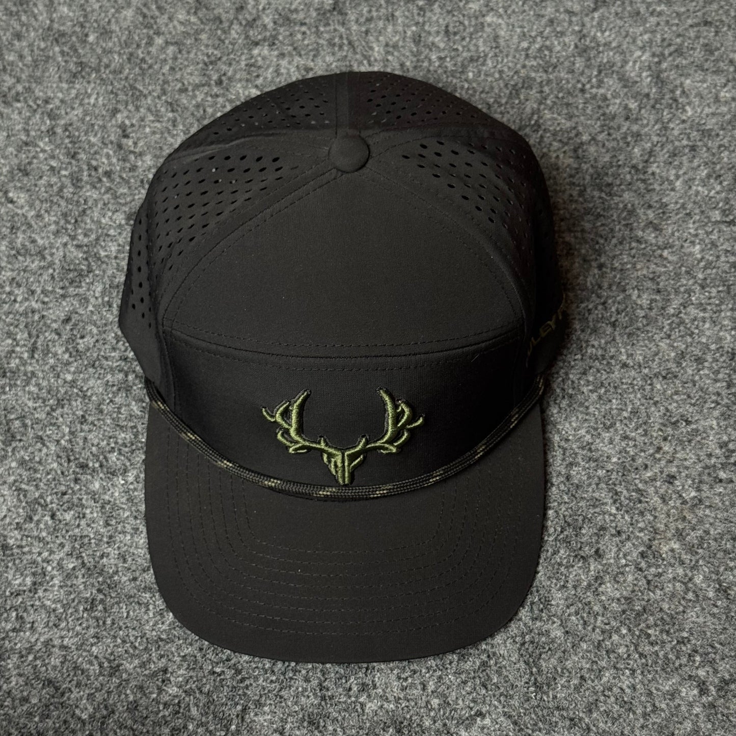 Muley Freak PRO Logo Rope Flatty Cap (in the Black/Green colorway)
