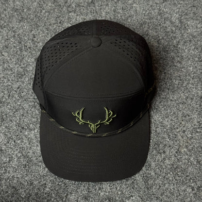 Muley Freak PRO Logo Rope Flatty Cap (in the Black/Green colorway)
