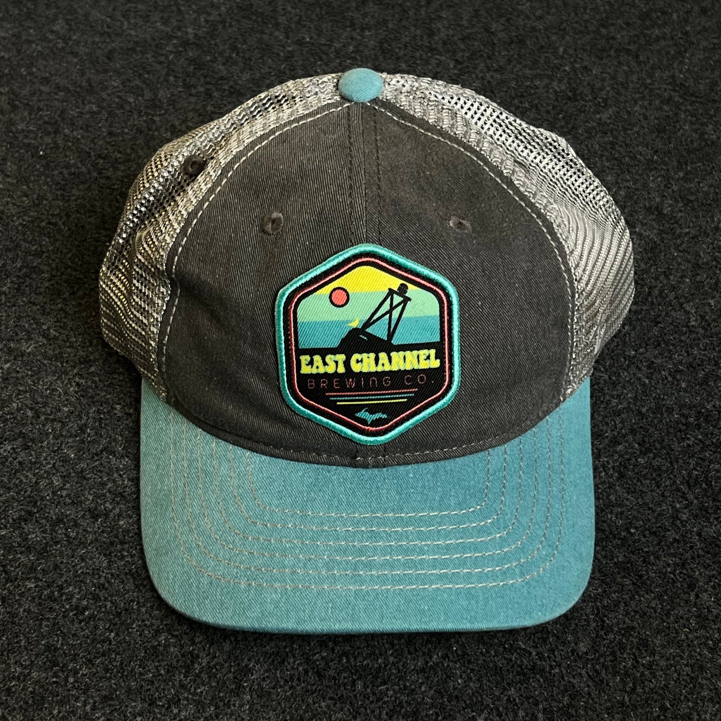 Mesh Trucker Cap – Charcoal, Teal & Khaki Mesh (“Lake Charles, Louisiana” Patch)