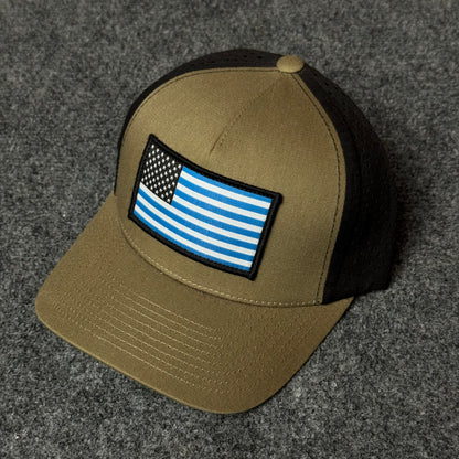 Brown and Black Thin Blue Line US Flag Performance Cap