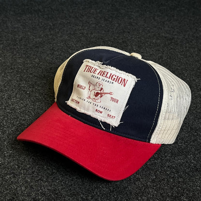 True Religion Mesh Trucker Cap – Navy, Red & White Mesh (Frayed Patch)
