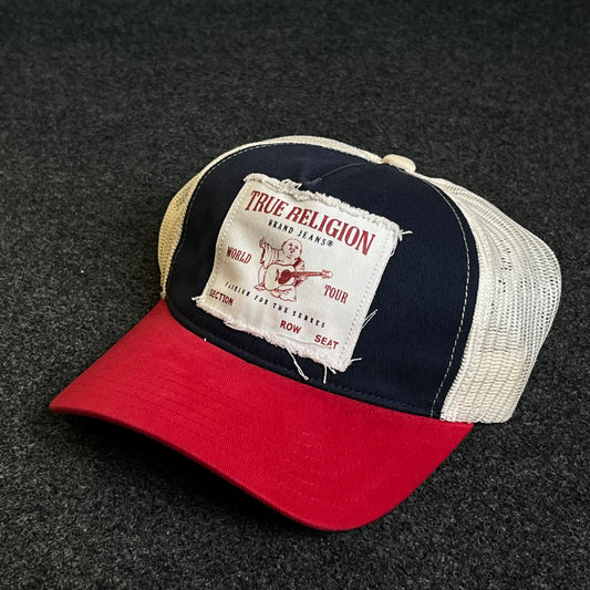 True Religion Mesh Trucker Cap – Navy, Red & White Mesh (Frayed Patch)