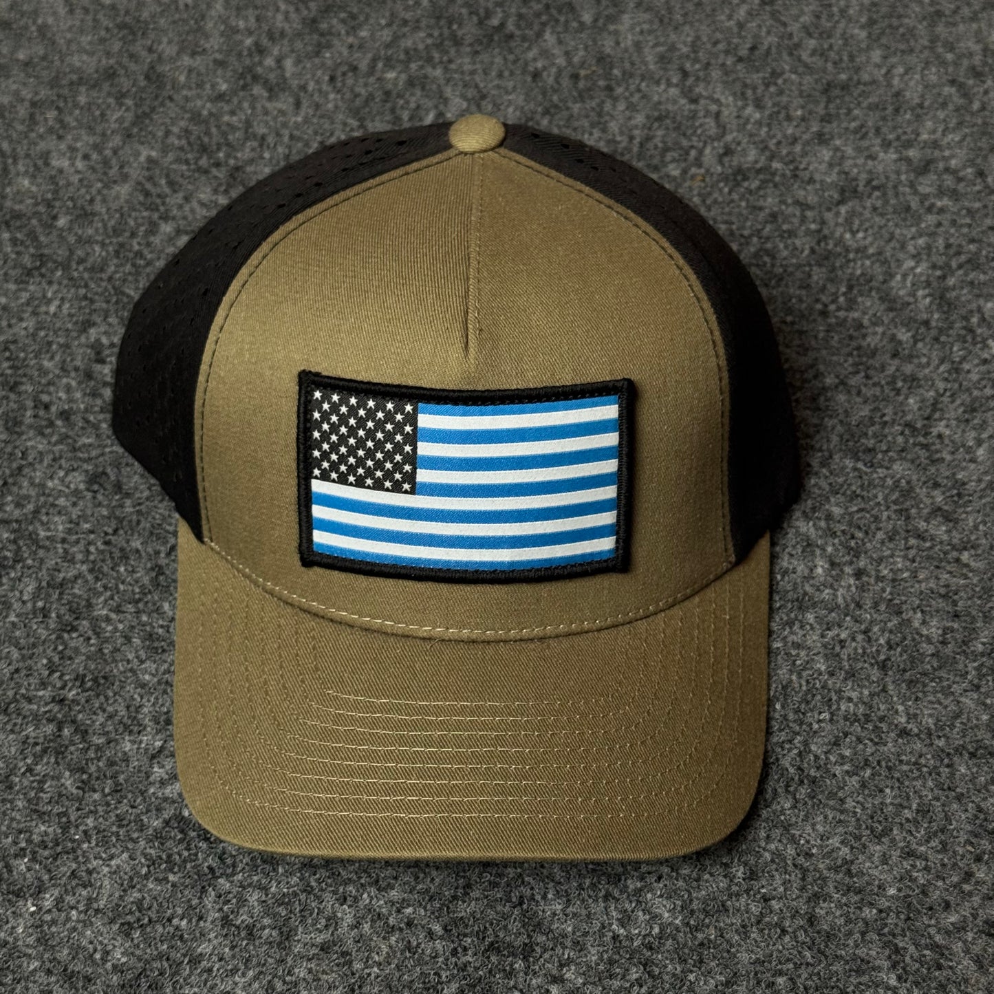 Brown and Black Thin Blue Line US Flag Performance Cap