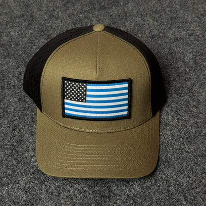 Brown and Black Thin Blue Line US Flag Performance Cap