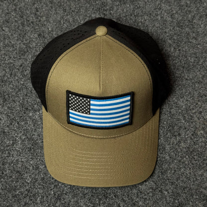 Brown and Black Thin Blue Line US Flag Performance Cap