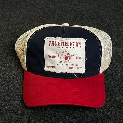 True Religion Mesh Trucker Cap – Navy, Red & White Mesh (Frayed Patch)