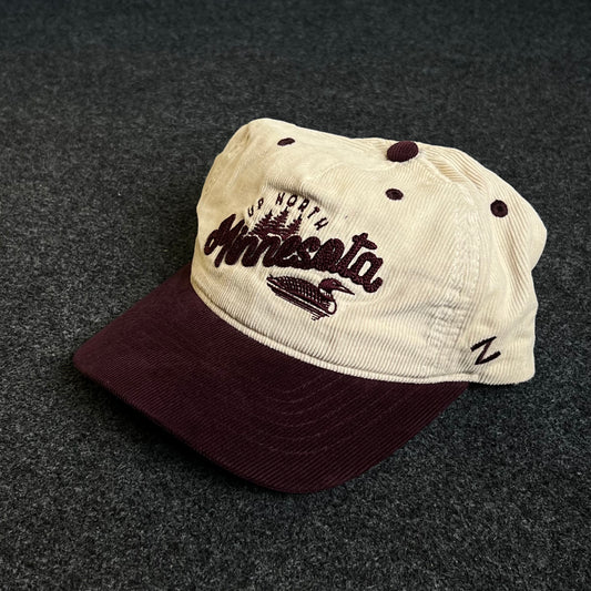 Unstructured Dad Cap – Cream & Maroon “Minnesota” (Script + Boat)