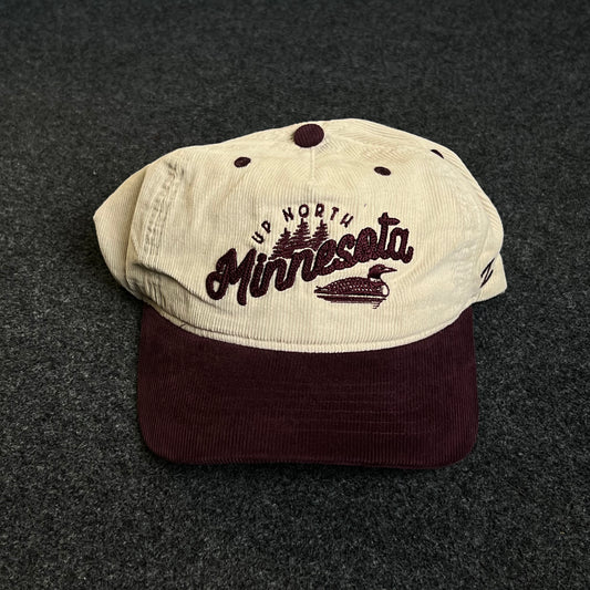 Unstructured Dad Cap – Cream & Maroon “Minnesota” (Script + Boat)