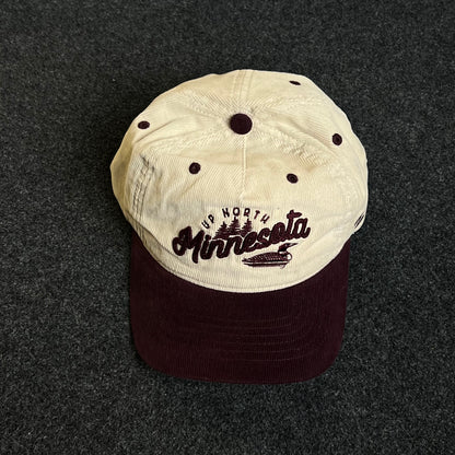 Unstructured Dad Cap – Cream & Maroon “Minnesota” (Script + Boat)