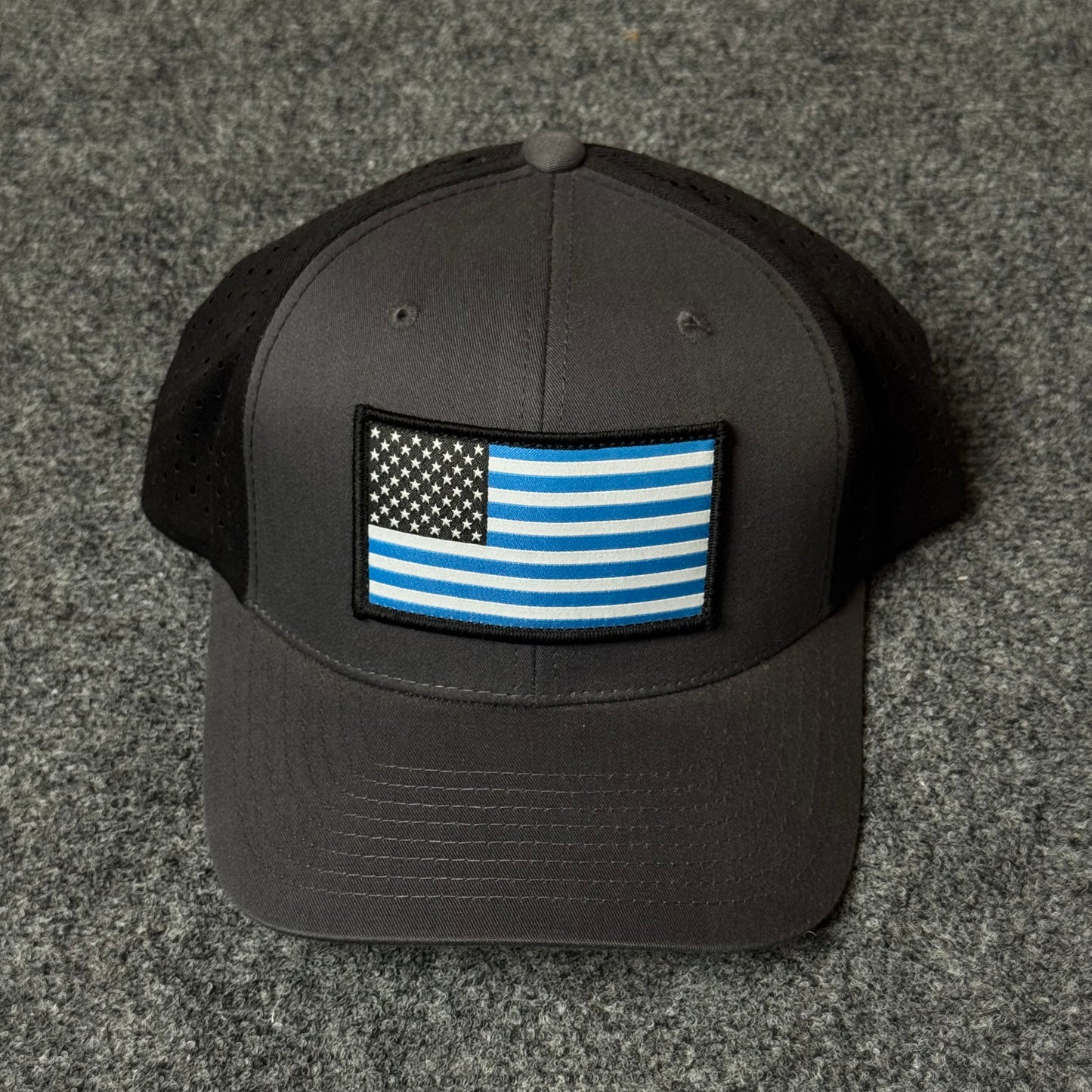 Dark Gray and Black Thin Blue Line US Flag Performance Cap