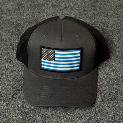 Dark Gray and Black Thin Blue Line US Flag Performance Cap