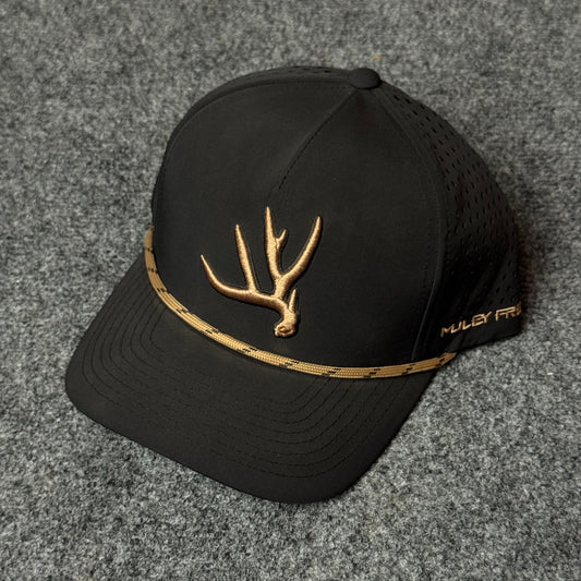 Muley Freak PRO Elk Shed Rope Trucker Cap (in the Black/Gold colorway)