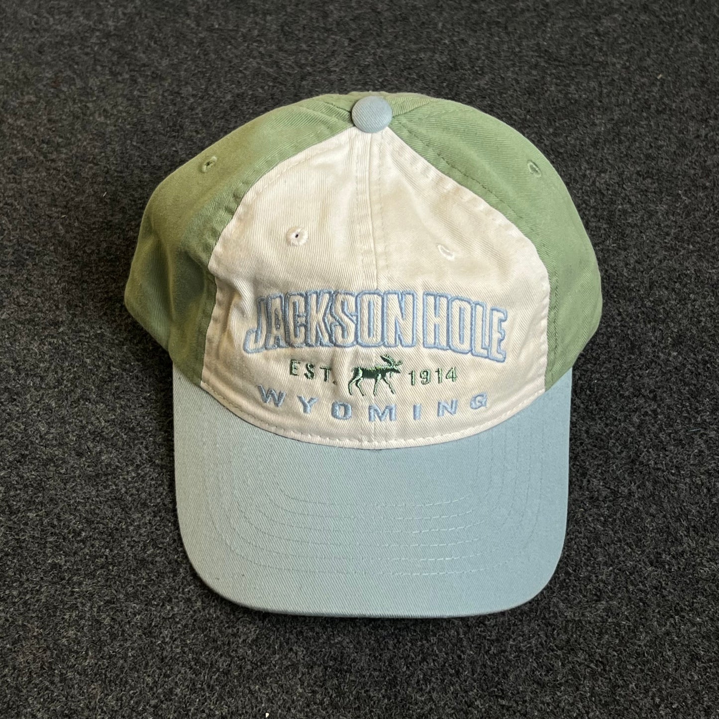 Unstructured Dad Cap – Cream, Sage Green & Sky Blue (“Jackson Hole, Wyoming”)
