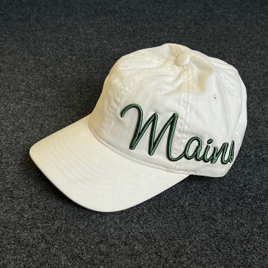 Unstructured Dad Cap – White “Maine” Script (Green Puff Embroidery)