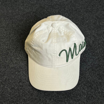 Unstructured Dad Cap – White “Maine” Script (Green Puff Embroidery)