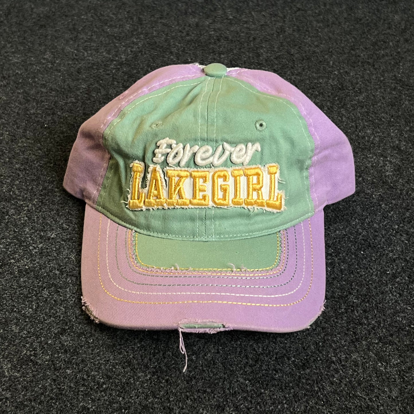 Unstructured Dad Cap – Mint Green & Lavender “Forever LAKE GIRL” (Distressed)