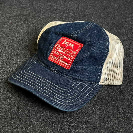 Mesh Trucker Cap – Denim Blue, Red Patch & Khaki Mesh