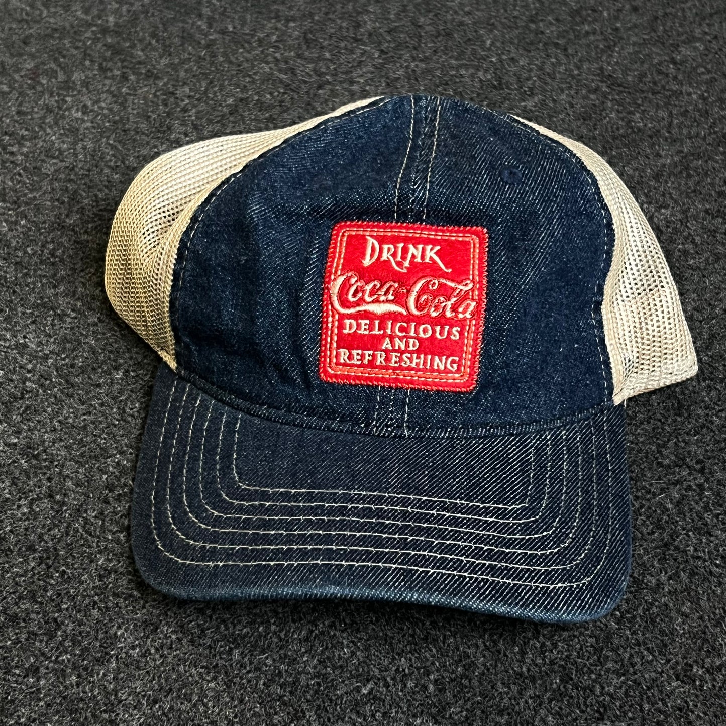 Mesh Trucker Cap – Denim Blue, Red Patch & Khaki Mesh