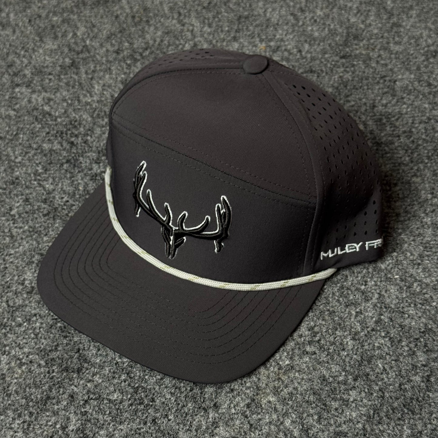 Muley Freak PRO Logo Rope Flatty Cap (in the Blackout/Cream colorway)