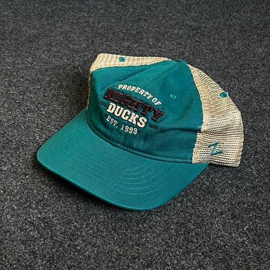 Mighty Ducks Mesh Trucker Cap – Teal & Khaki Mesh (“Property of Mighty Ducks • Est. 1993”)