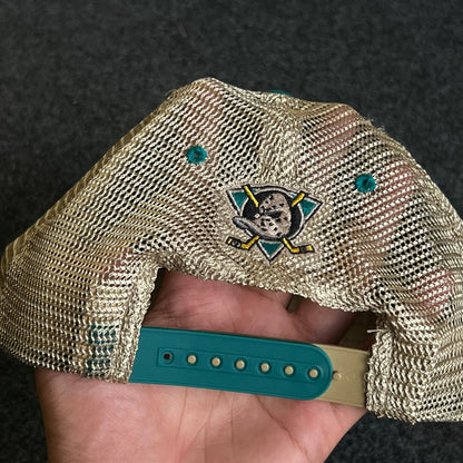 Mighty Ducks Mesh Trucker Cap – Teal & Khaki Mesh (“Property of Mighty Ducks • Est. 1993”)