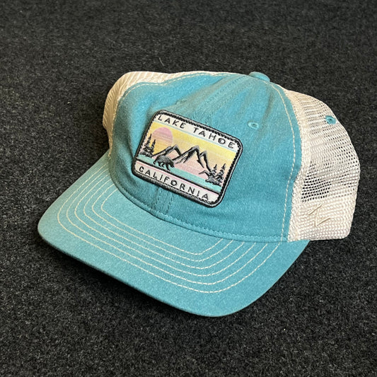 Mesh Trucker Cap – Aqua Blue & White Mesh (“Lake Tahoe, California” Patch)