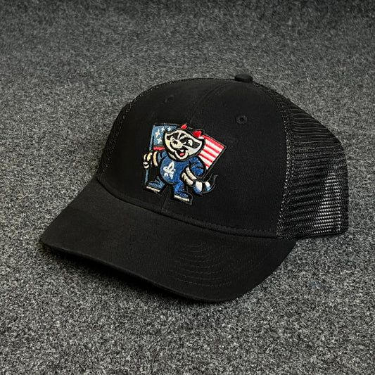 Bandit Raccoon American Flag Patch Trucker Hat.